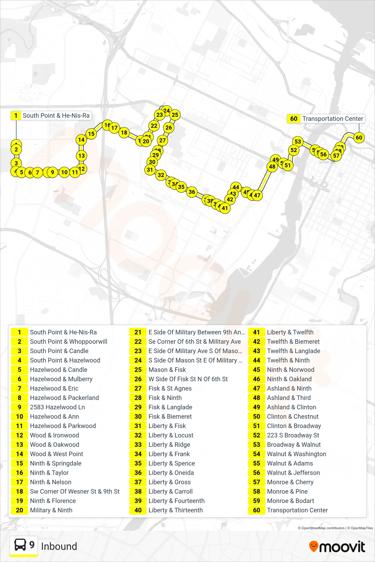 9 bus Line (Inbound) route and stops on a map