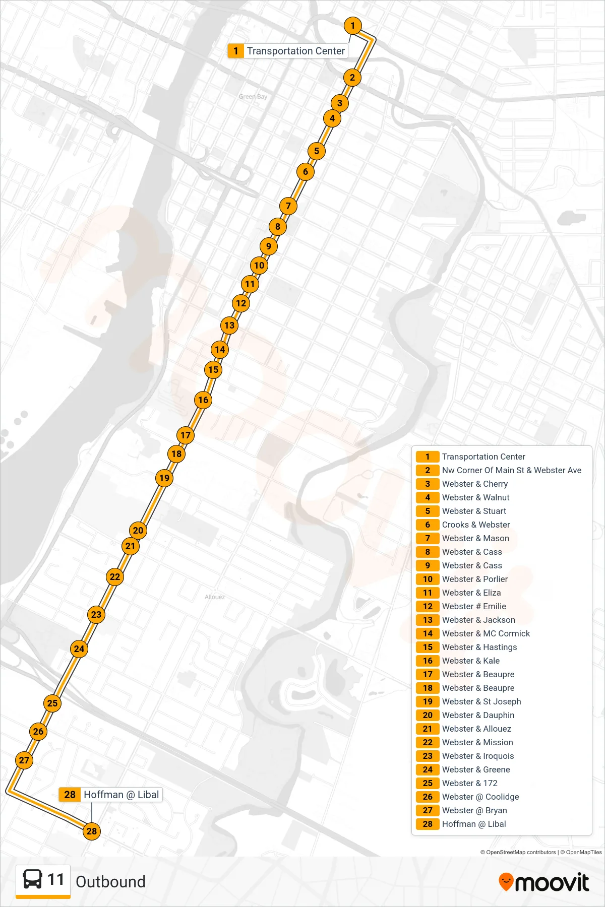 11 bus Line (Outbound) route and stops on a map