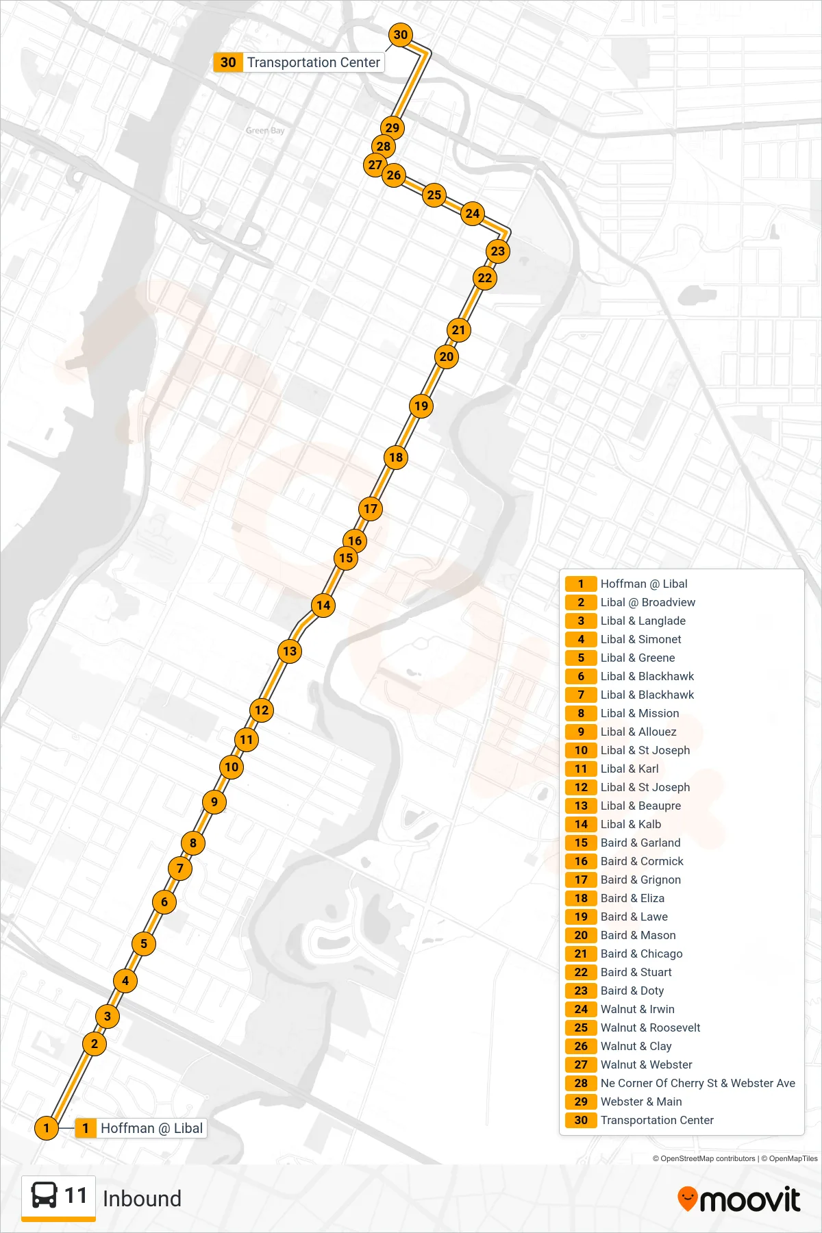 11 bus Line (Inbound) route and stops on a map
