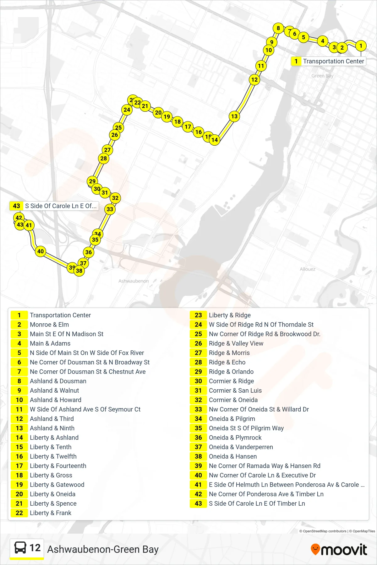 12 bus Line (Outbound) route and stops on a map
