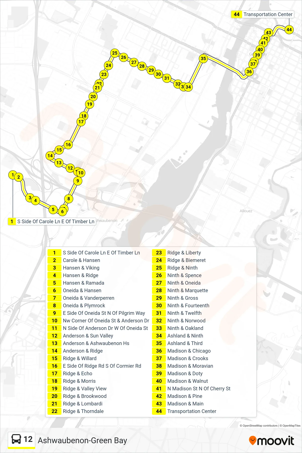 12 bus Line (Inbound) route and stops on a map