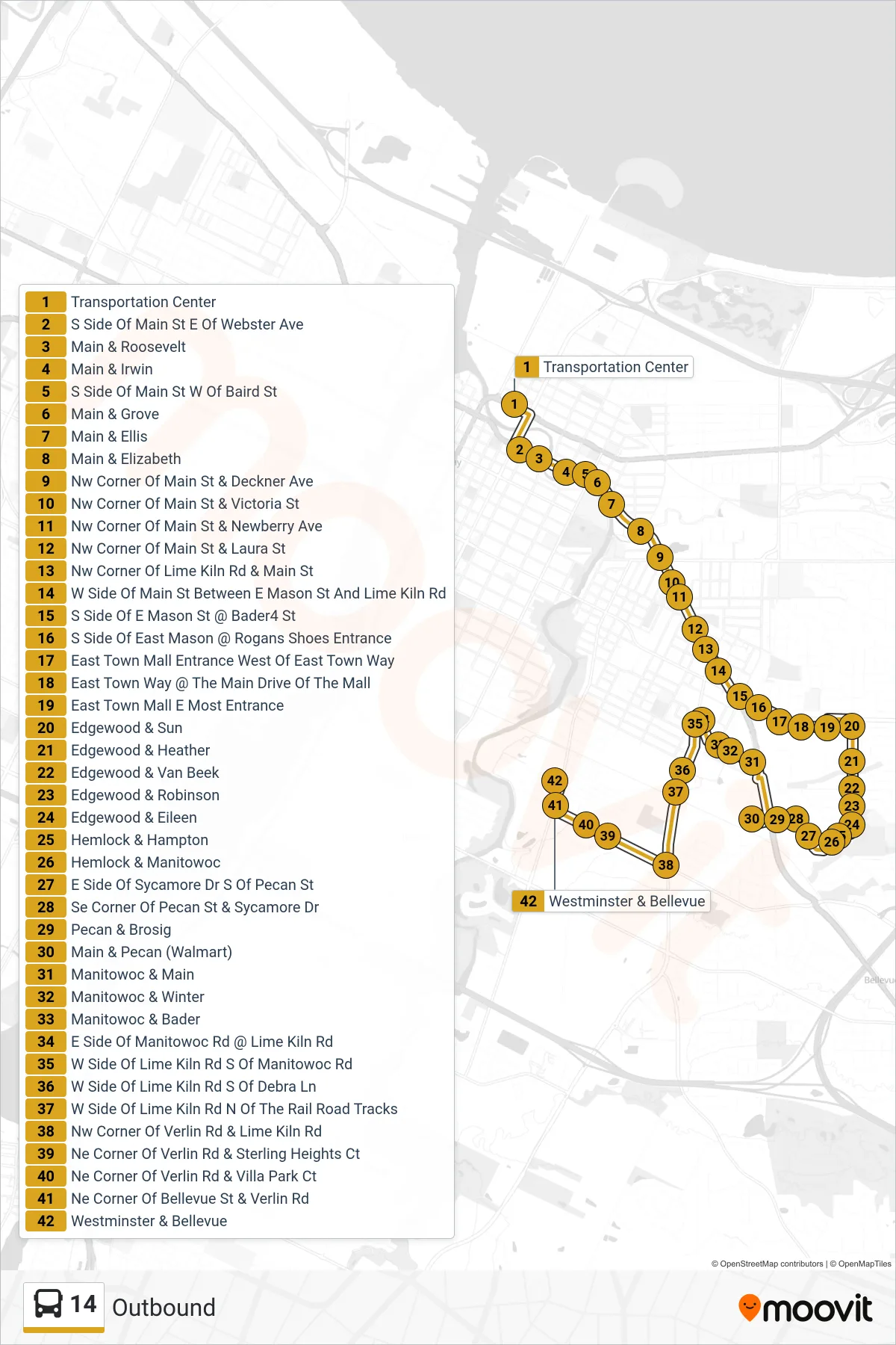 14 bus Line (Outbound) route and stops on a map