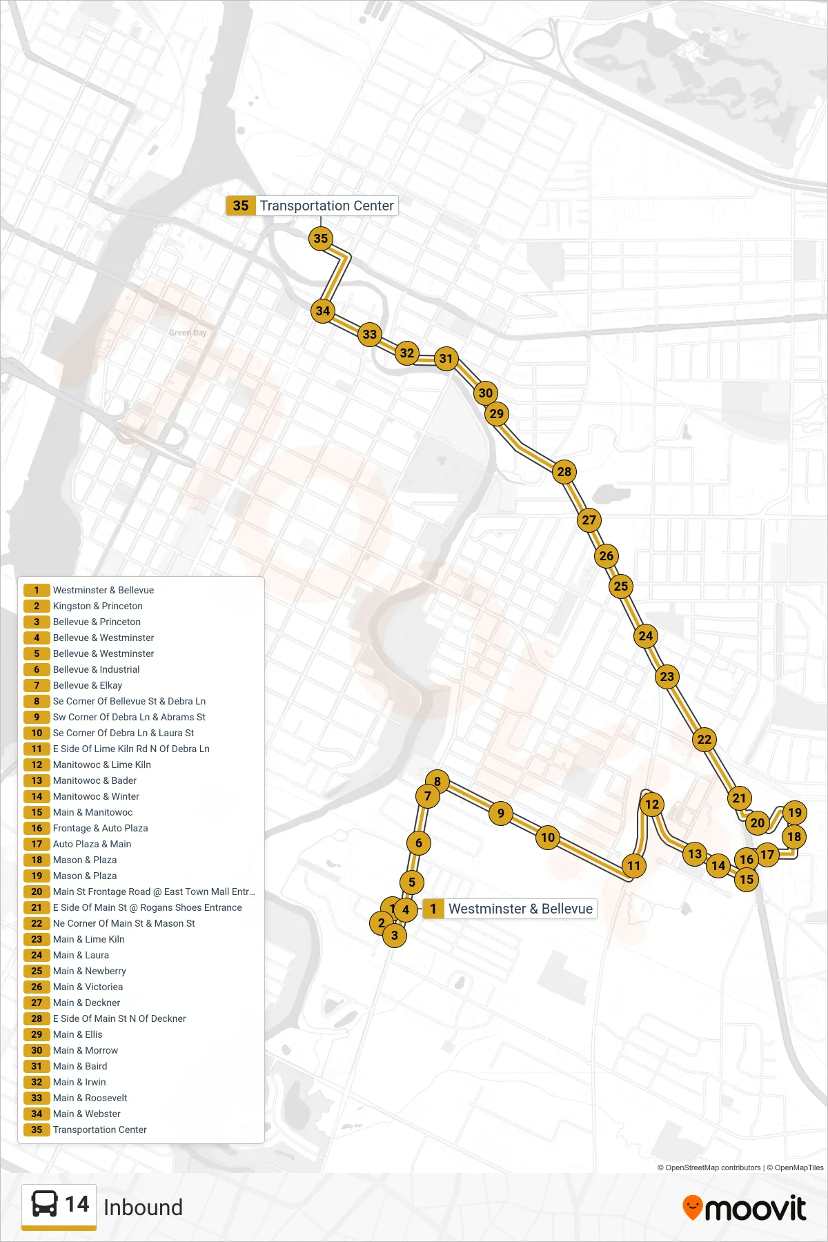 14 bus Line (Inbound) route and stops on a map