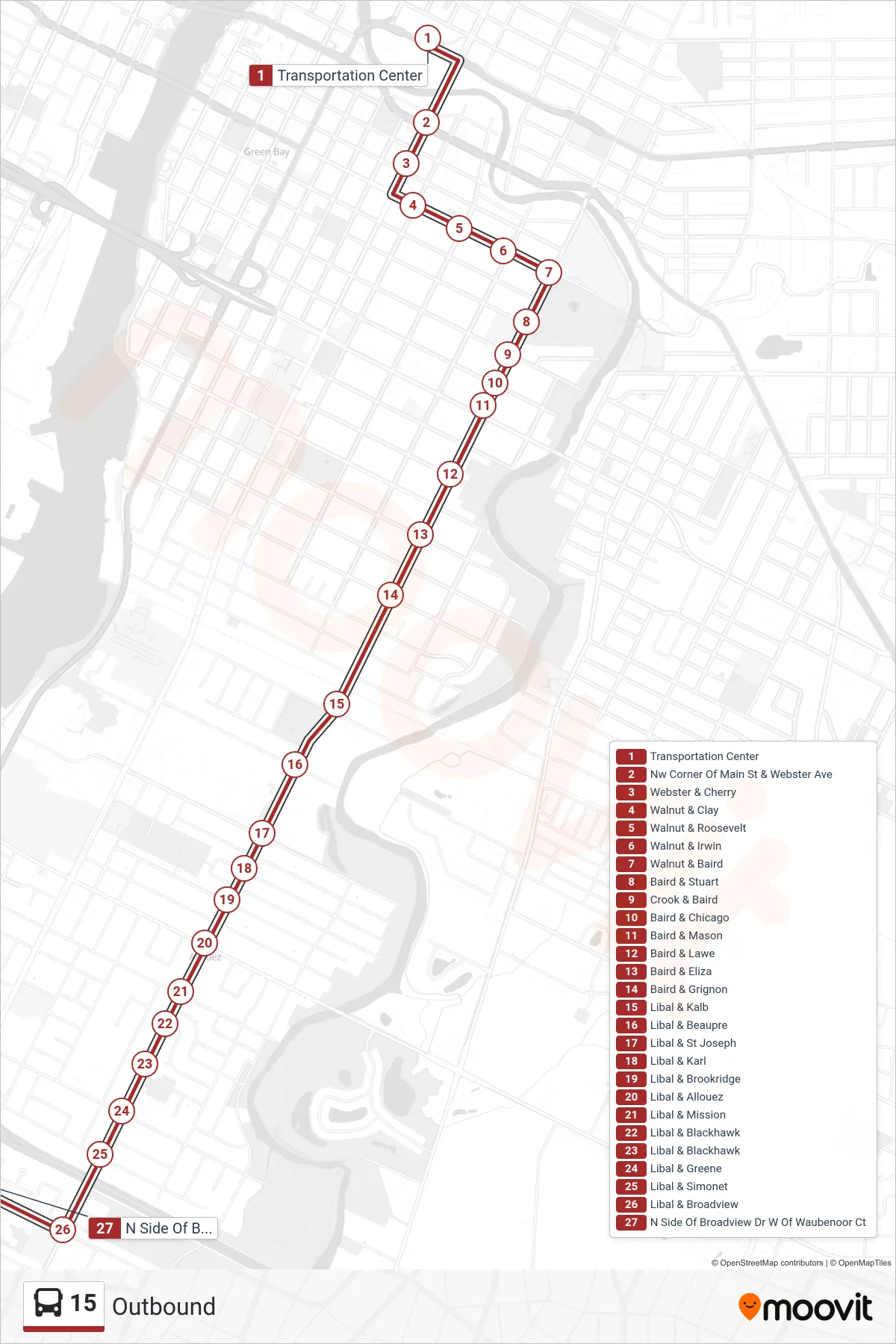 15 bus Line (Outbound) route and stops on a map