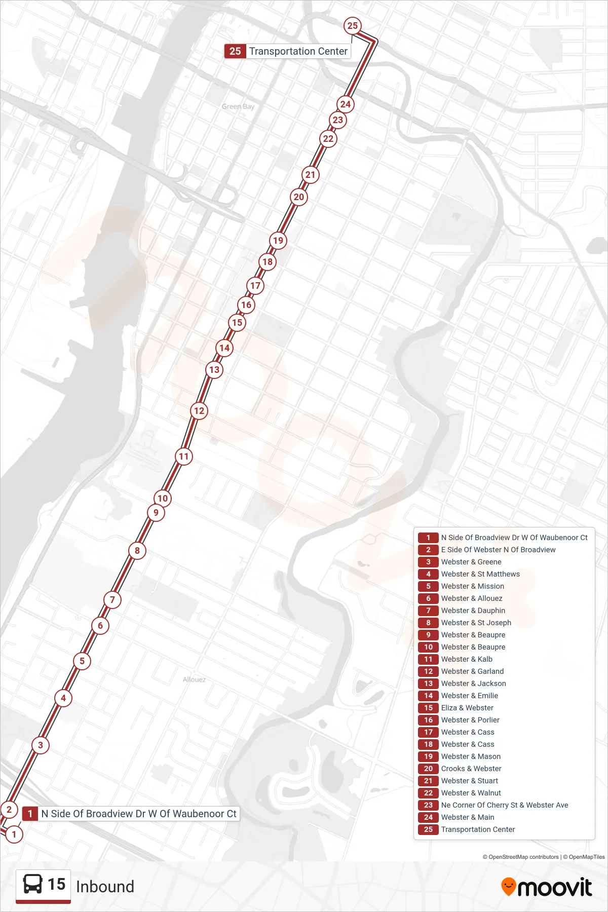 15 bus Line (Inbound) route and stops on a map