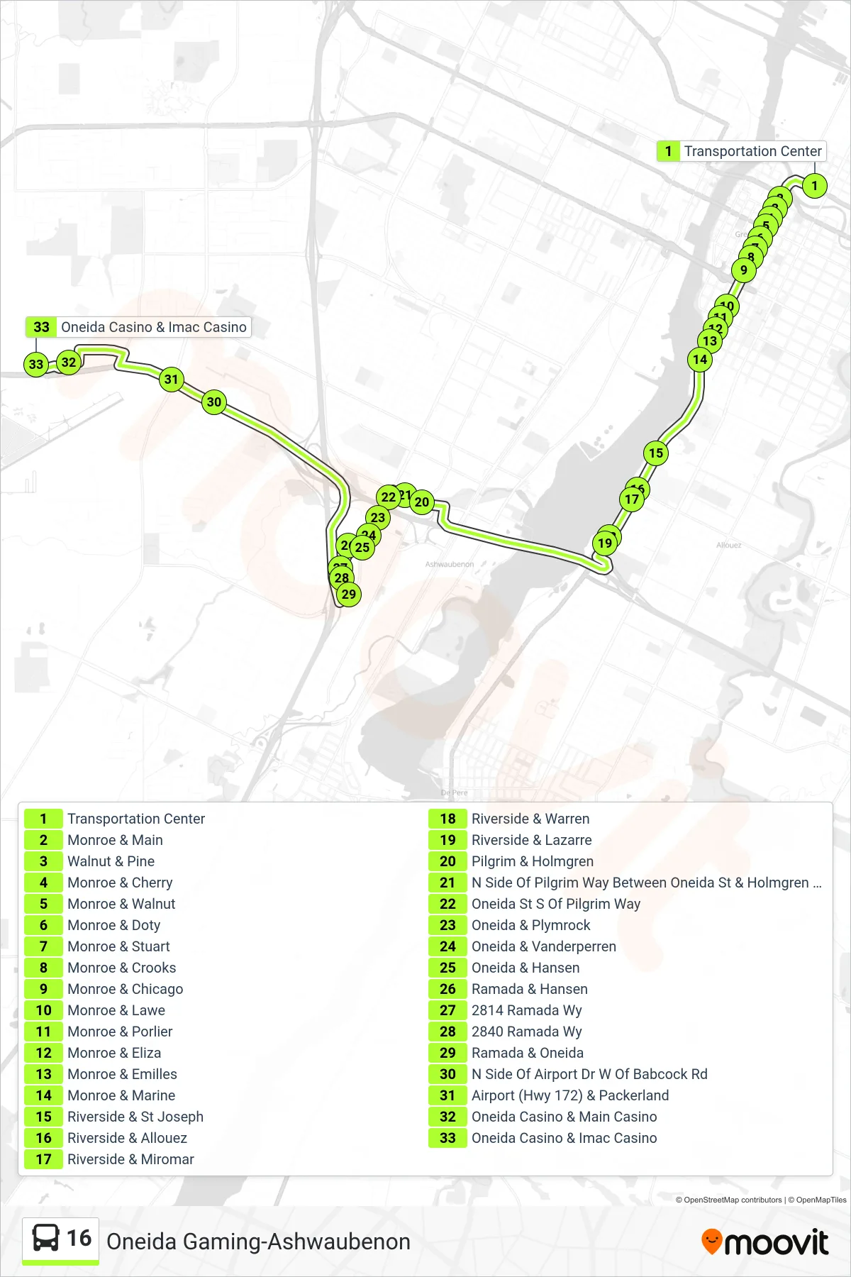 16 bus Line (Outbound) route and stops on a map