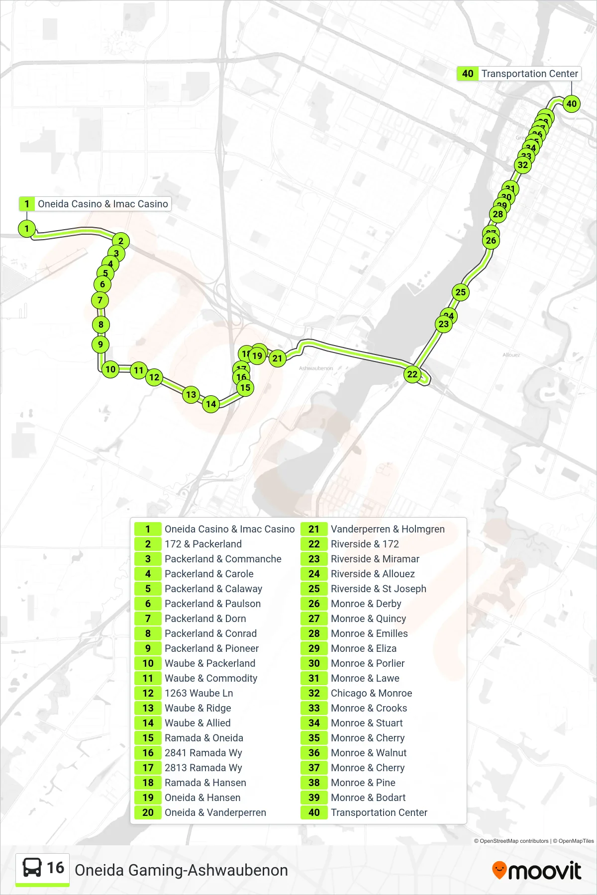 16 bus Line (Inbound) route and stops on a map