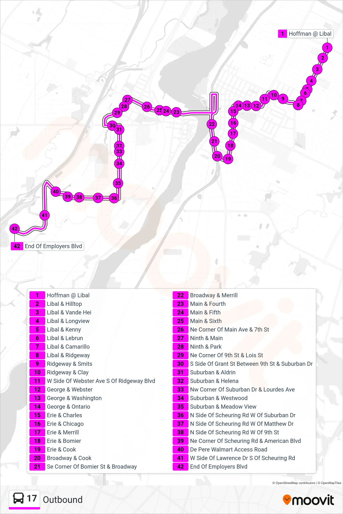 17 bus Line (Outbound) route and stops on a map