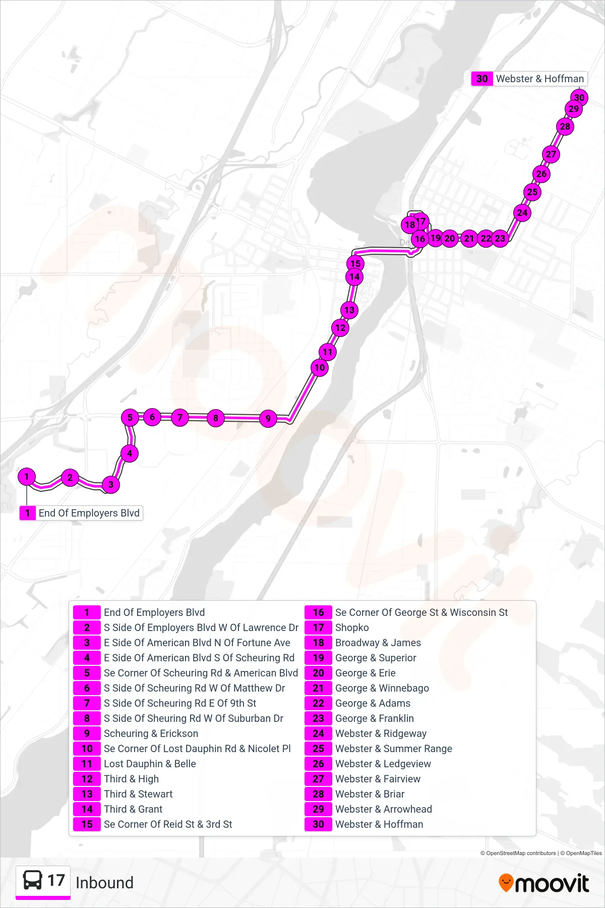 17 bus Line (Inbound) route and stops on a map
