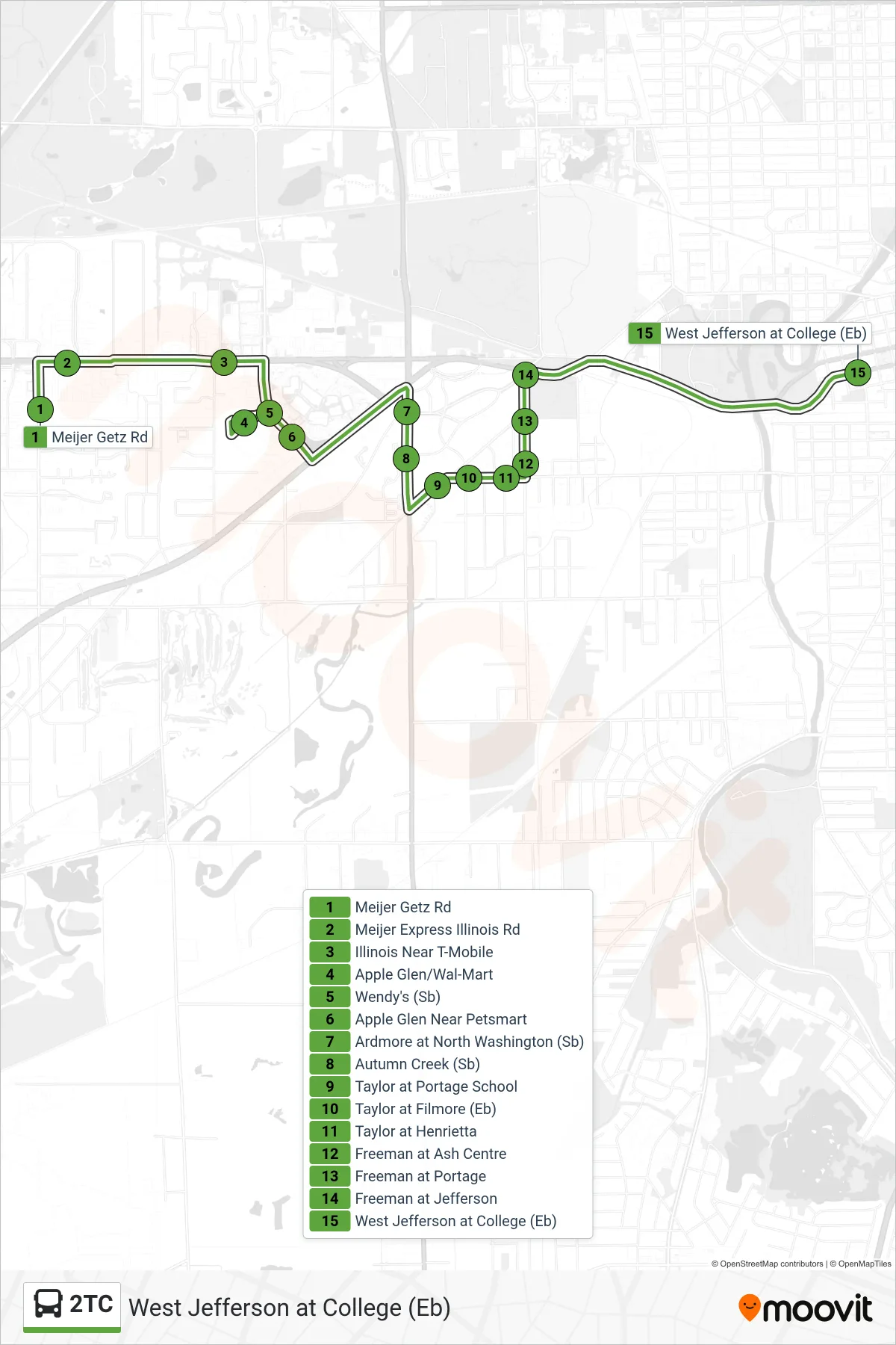 2TC bus Line (West Jefferson at College (Eb)) route and stops on a map