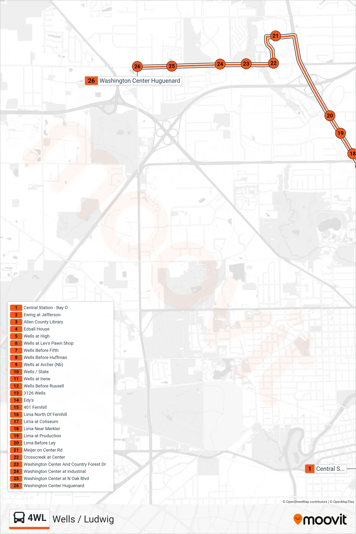 4WL bus Line (Washington Center Huguenard) route and stops on a map