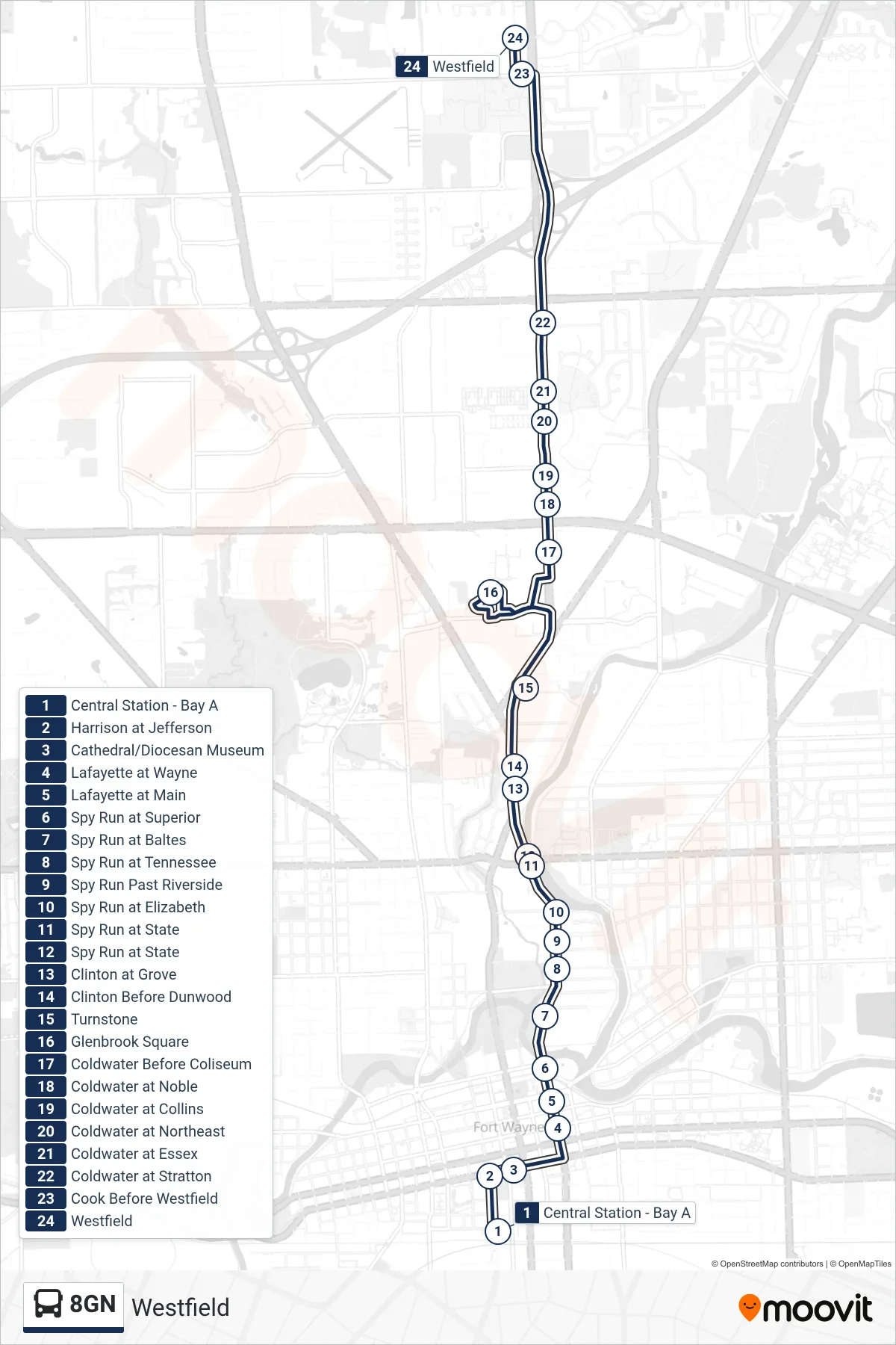 8GN bus Line (Westfield) route and stops on a map