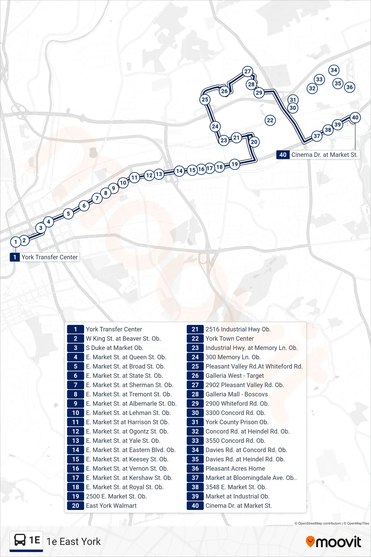 1E bus Line (1e East York) route and stops on a map