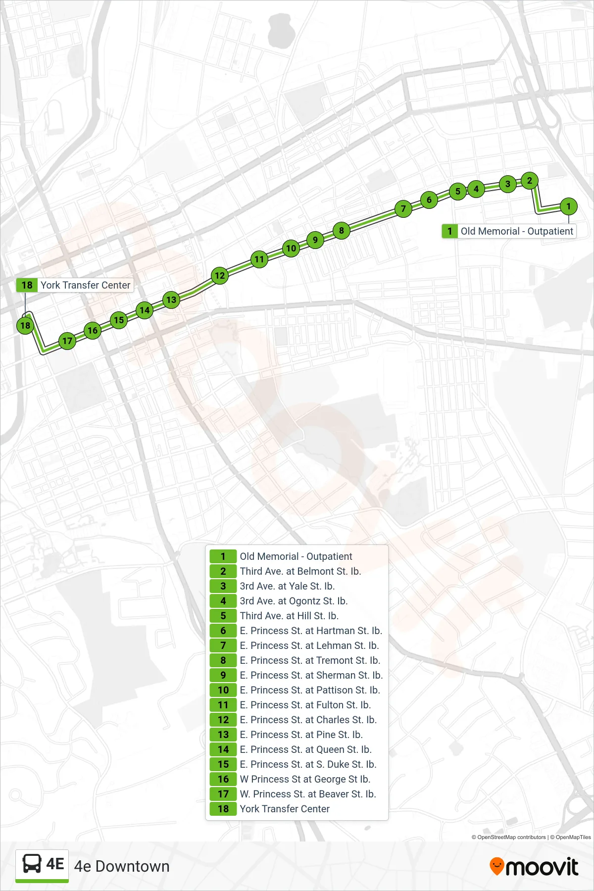 4E bus Line (4e Downtown) route and stops on a map