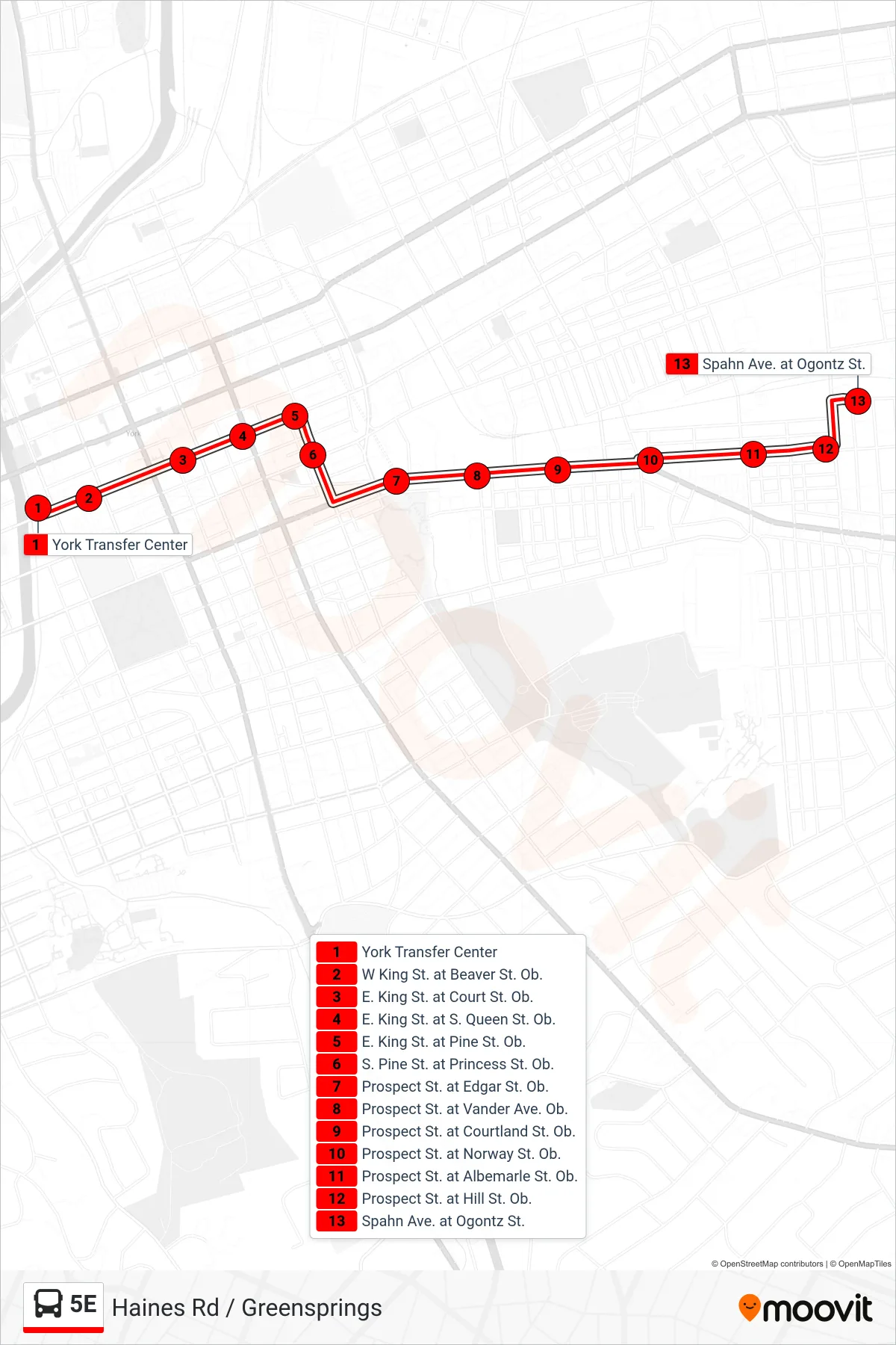 5E bus Line (5e Spahn Ogontz) route and stops on a map