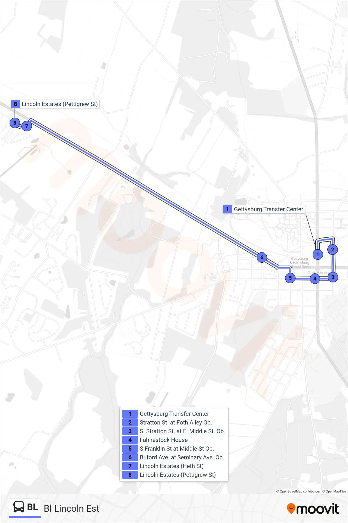 BL bus Line (Bl Lincoln Est) route and stops on a map