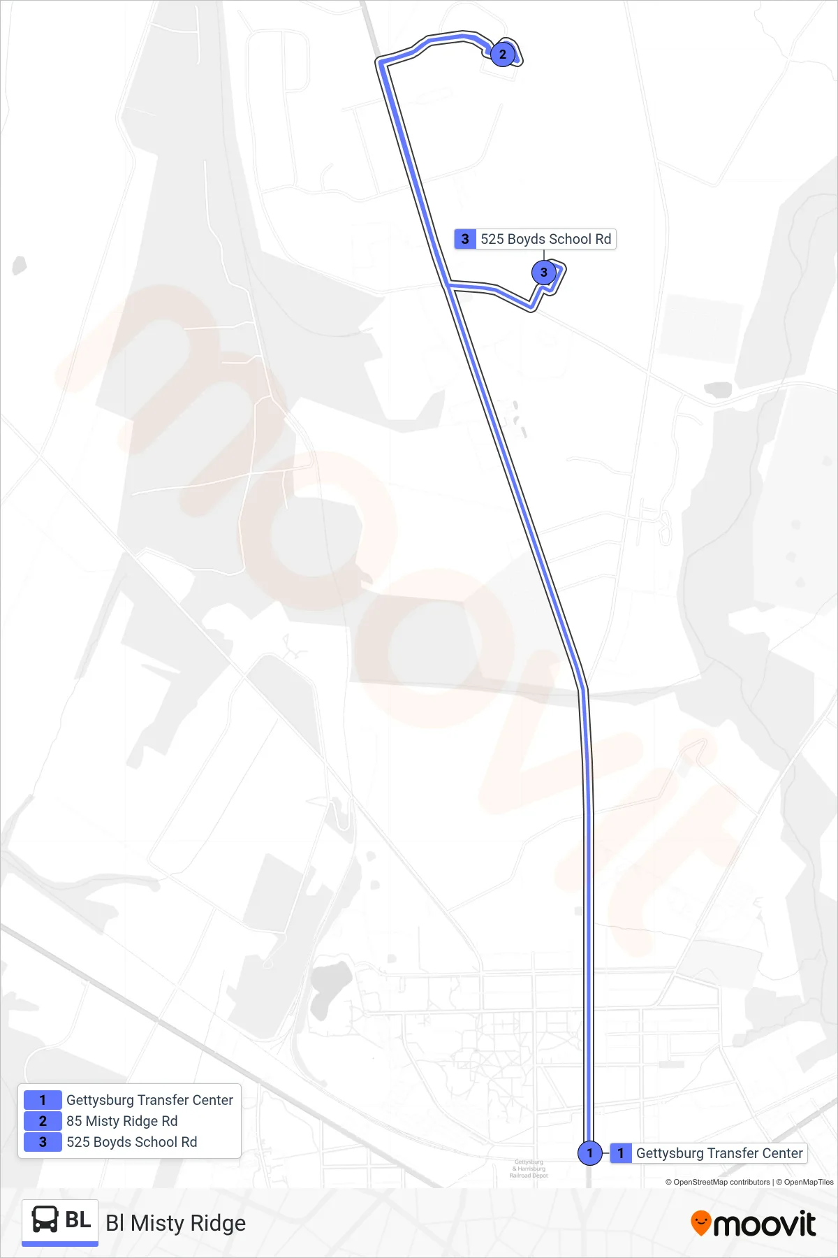 BL bus Line (Bl Misty Ridge) route and stops on a map