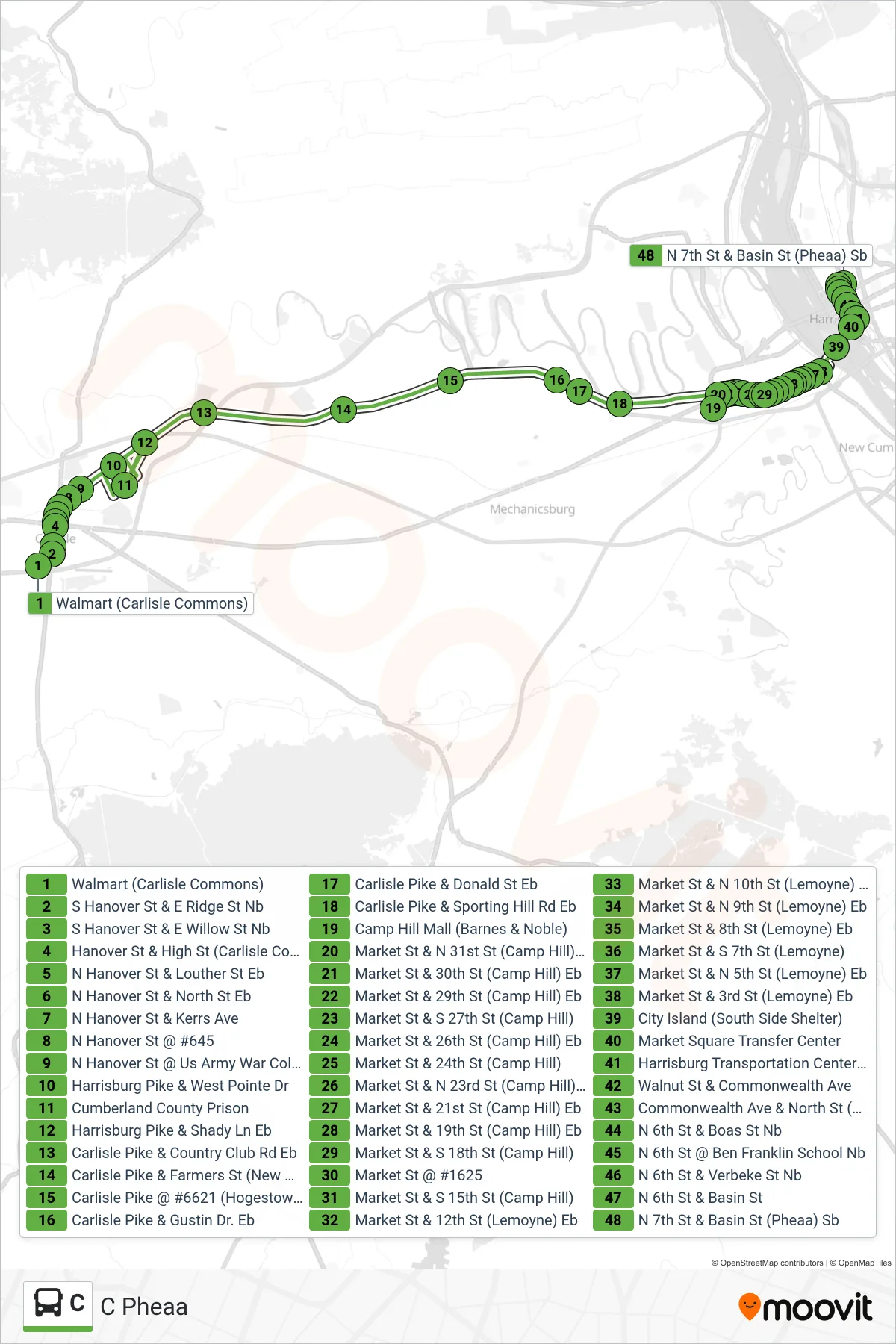 C bus Line (C Pheaa) route and stops on a map