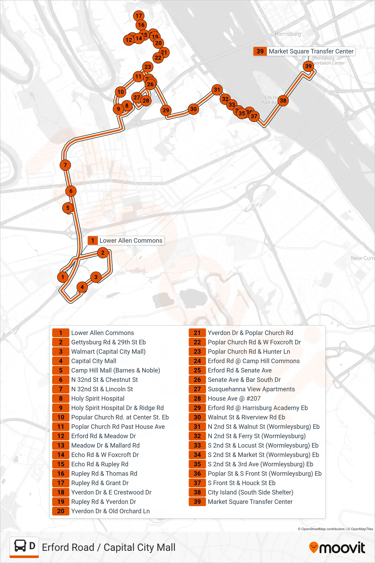 D bus Line (D Transfer Center) route and stops on a map