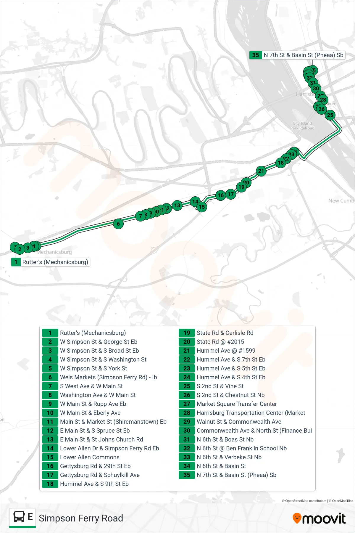 E bus Line (E Pheaa) route and stops on a map