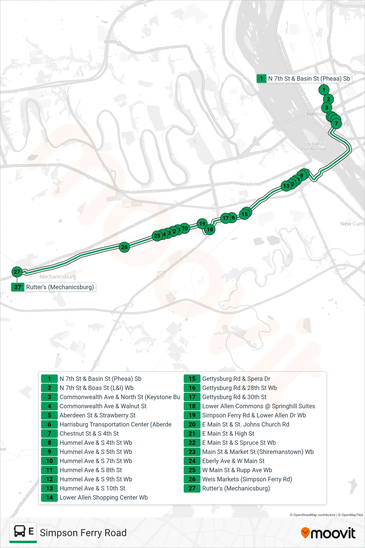 E bus Line (E Mechanicsburg) route and stops on a map