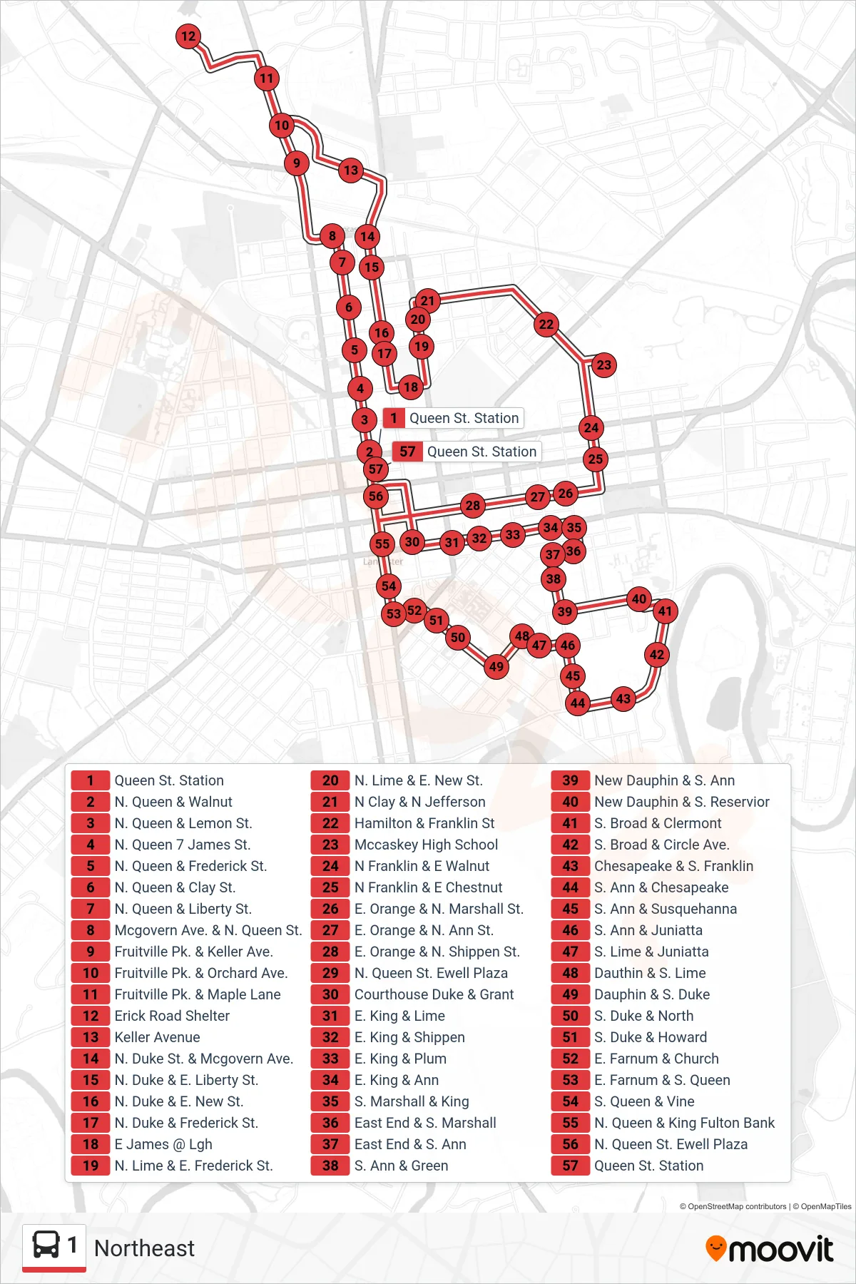 1 bus Line (Northeast) route and stops on a map