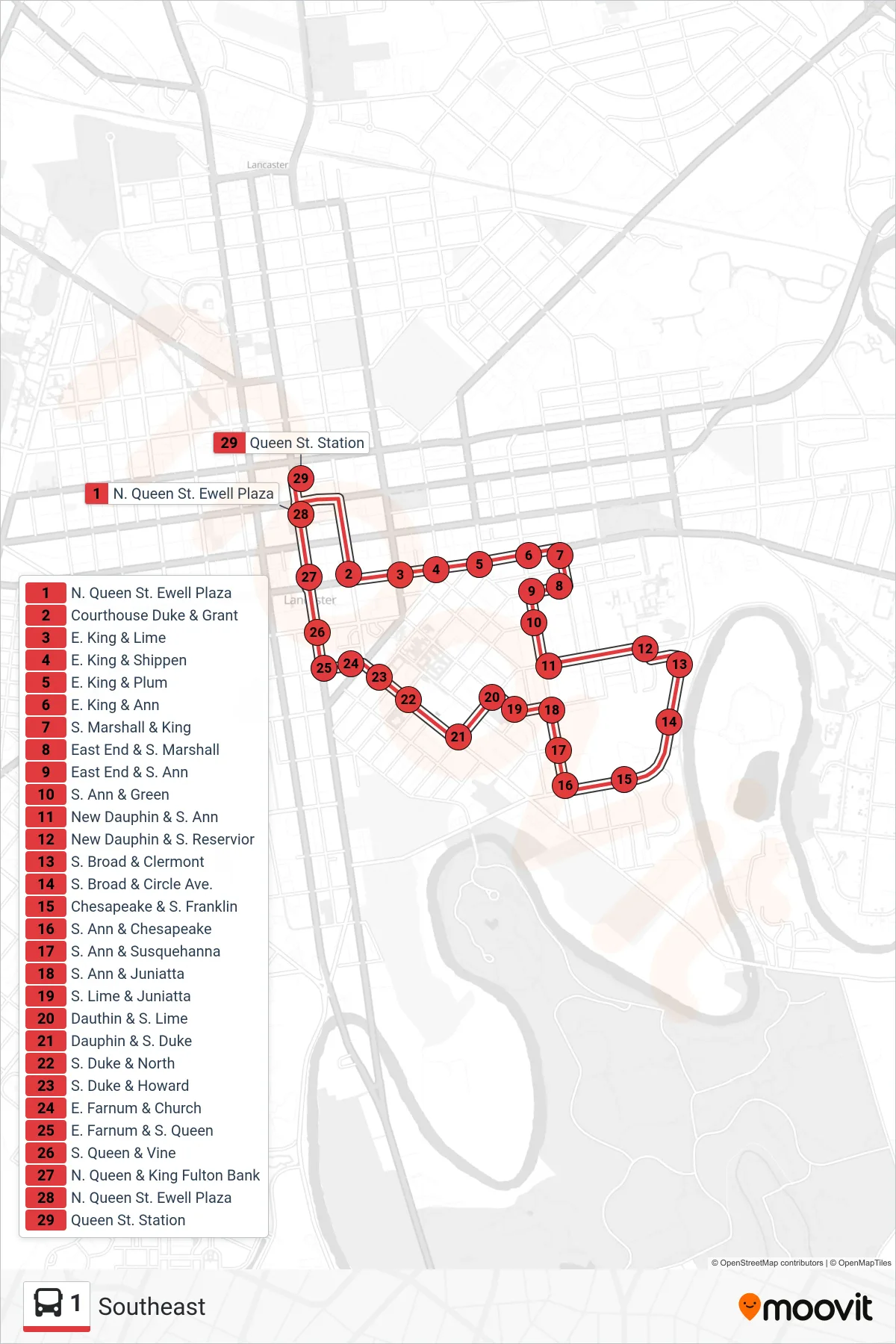 1 bus Line (Southeast) route and stops on a map