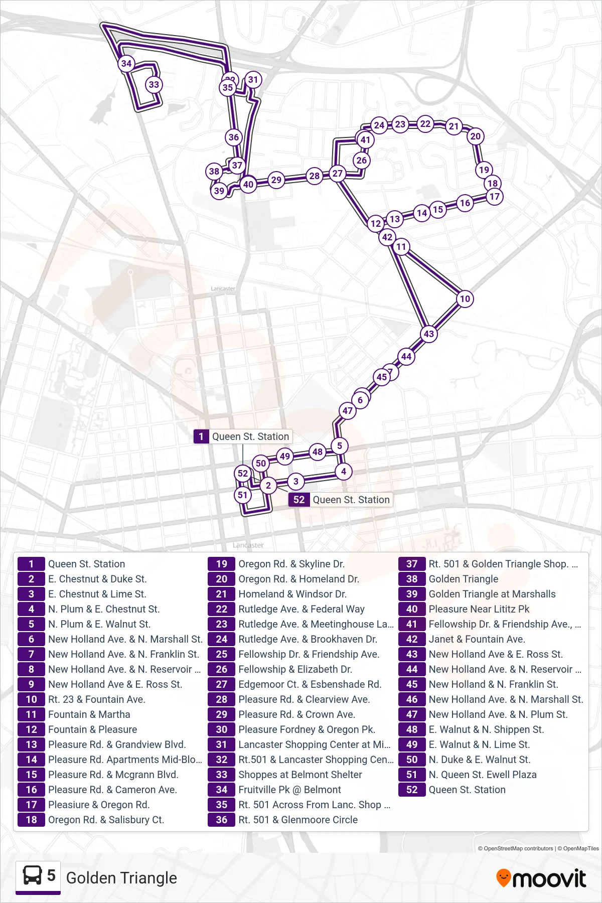 5 bus Line (Golden Triangle) route and stops on a map