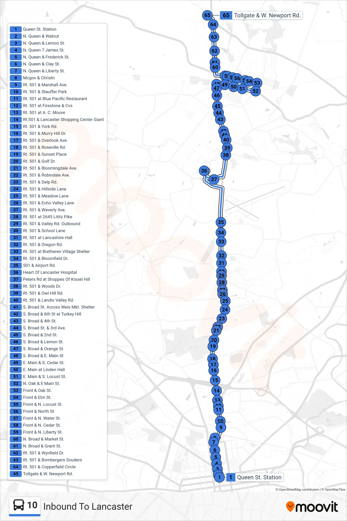 10 bus Line (Inbound To Lancaster) route and stops on a map