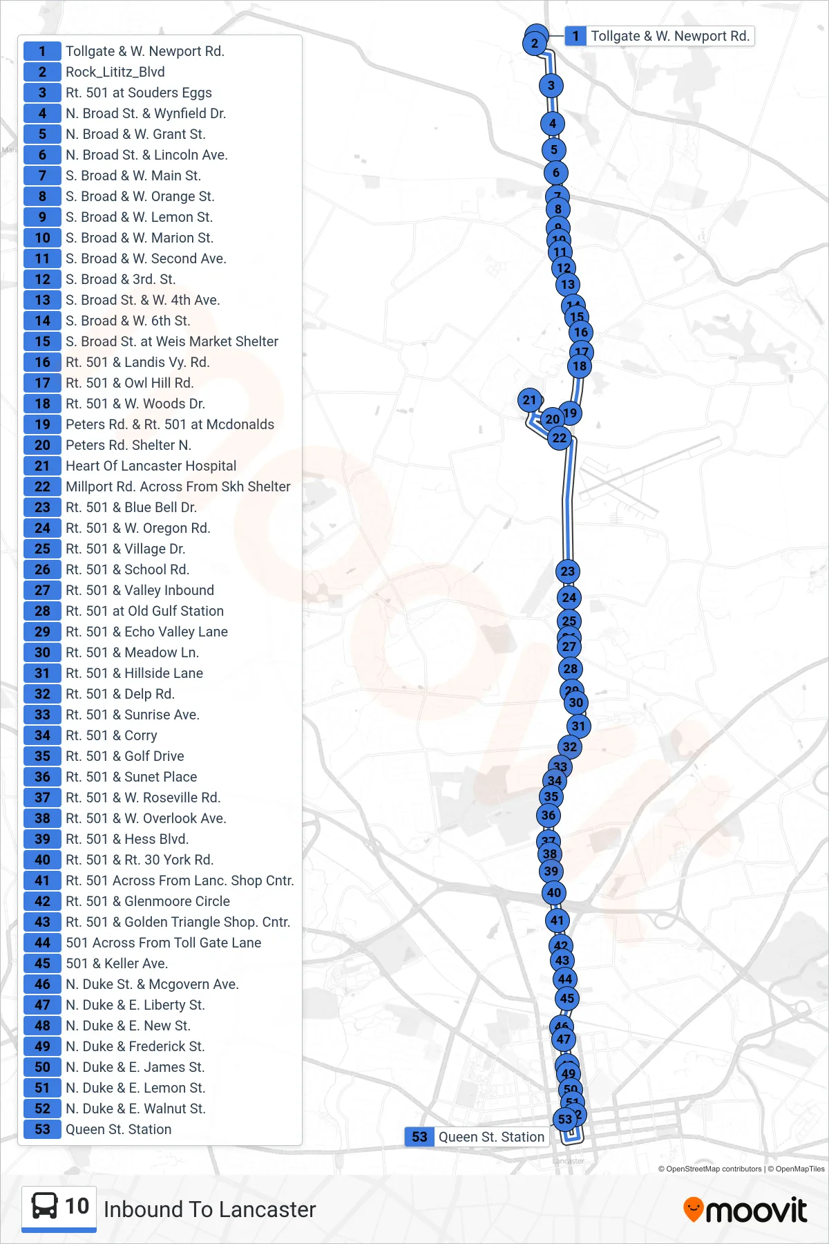 10 bus Line (Inbound To Lancaster) route and stops on a map