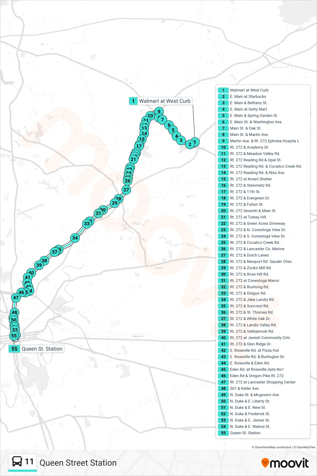 11 bus Line (Queen Street Station) route and stops on a map