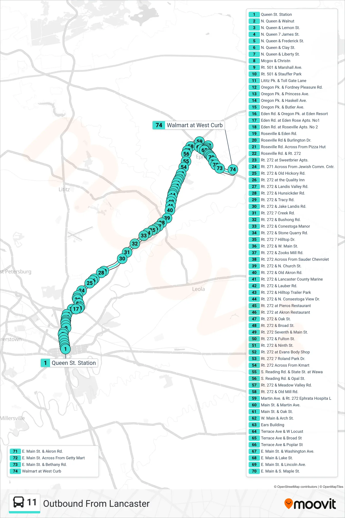 11 bus Line (Outbound From Lancaster) route and stops on a map