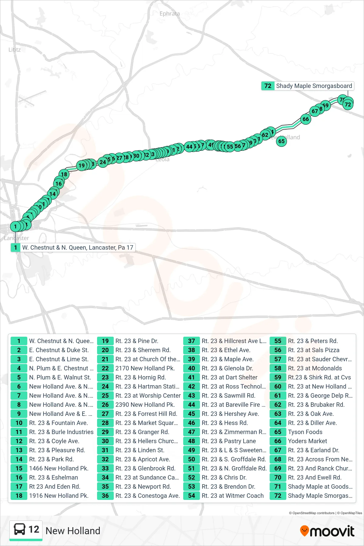 12 bus Line (Outbound From Lancaster) route and stops on a map