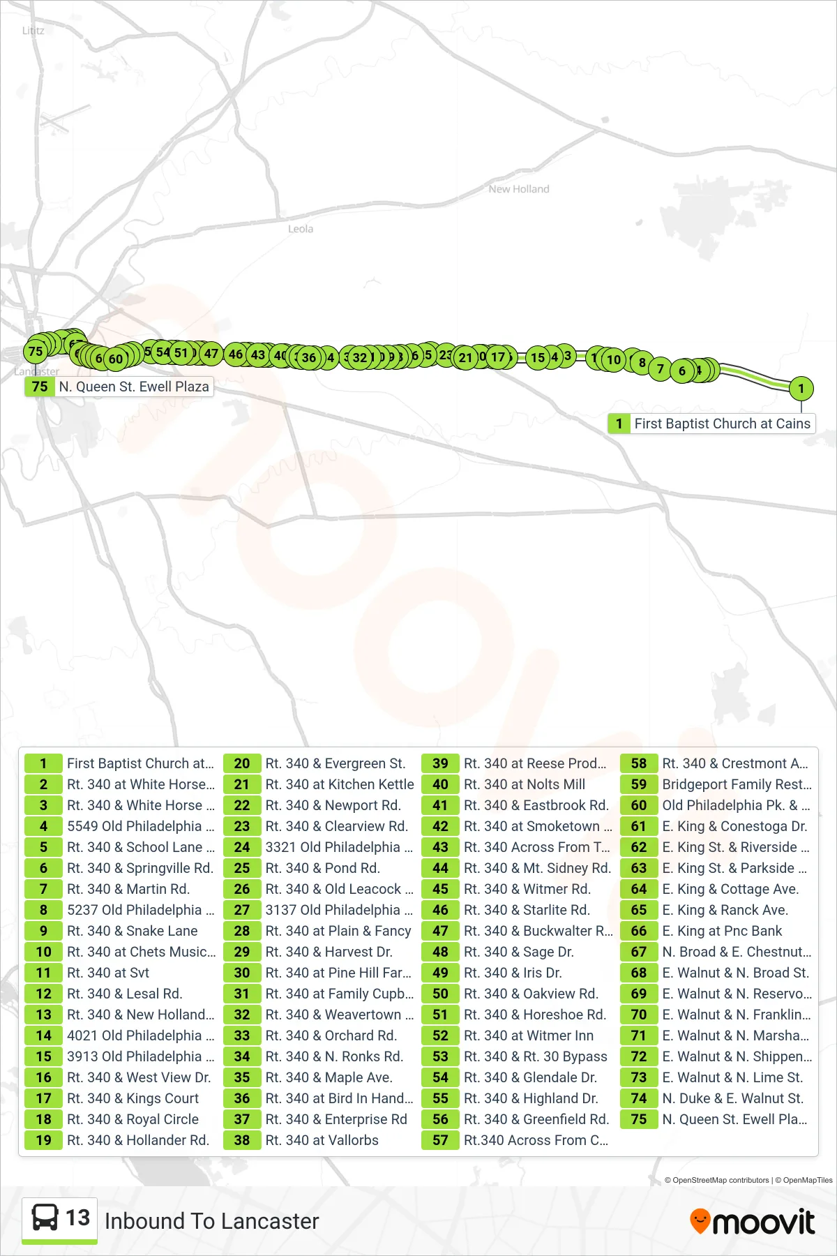 13 bus Line (Inbound To Lancaster) route and stops on a map
