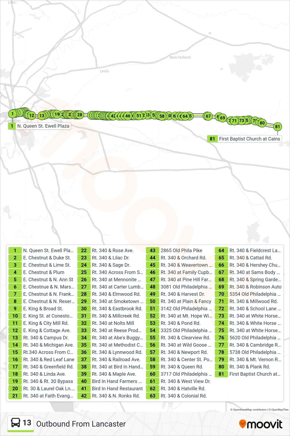 13 bus Line (Outbound From Lancaster) route and stops on a map
