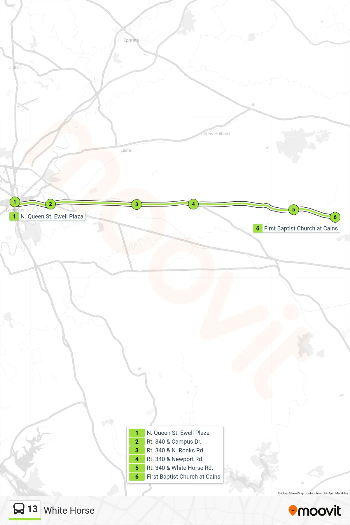 13 bus Line (White Horse) route and stops on a map