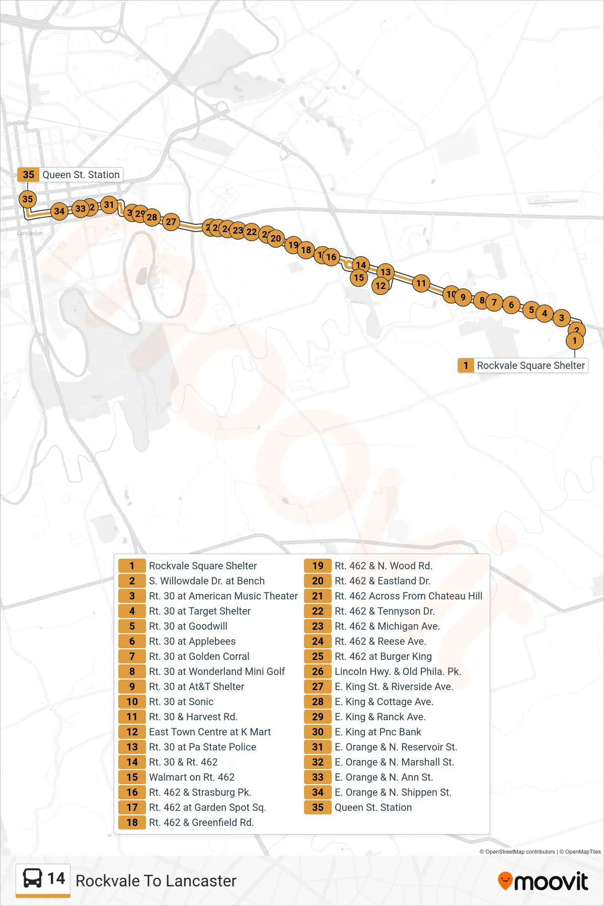 14 bus Line (Rockvale To Lancaster) route and stops on a map