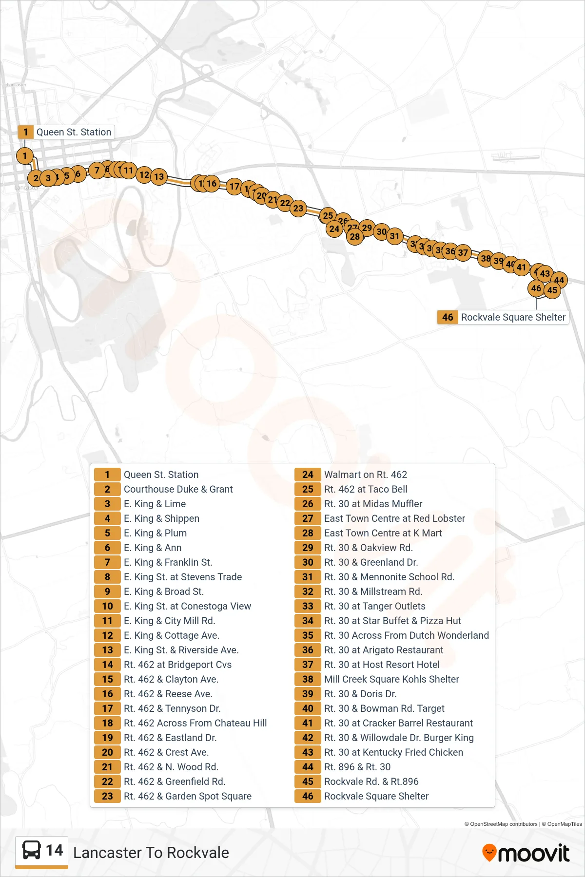 14 bus Line (Lancaster To Rockvale) route and stops on a map