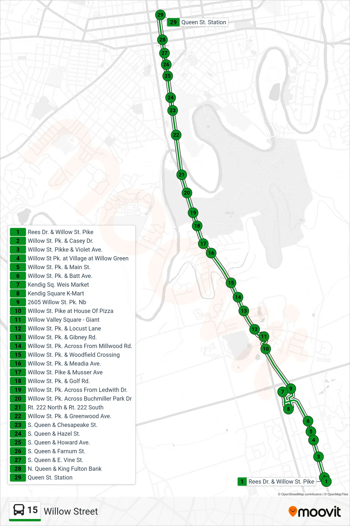 15 bus Line (Queen Street Station) route and stops on a map