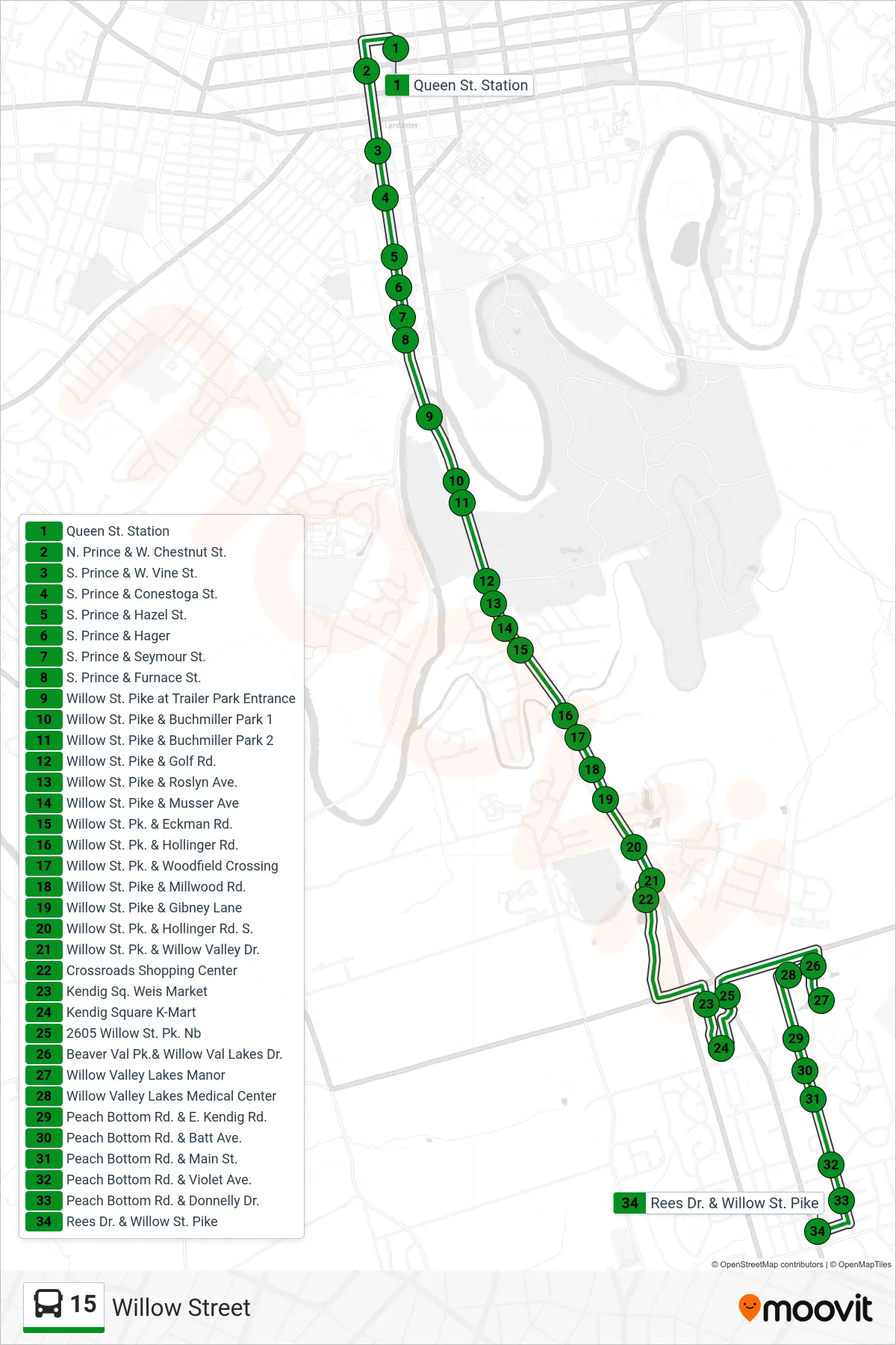 15 bus Line (Rees Drive) route and stops on a map