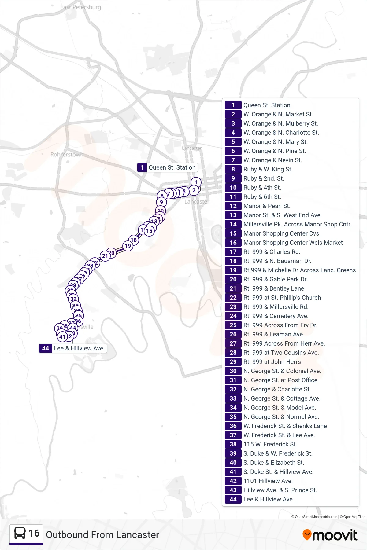 16 bus Line (Outbound From Lancaster) route and stops on a map