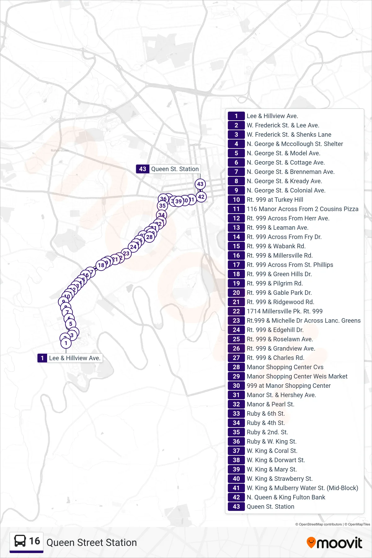 16 bus Line (Queen Street Station) route and stops on a map