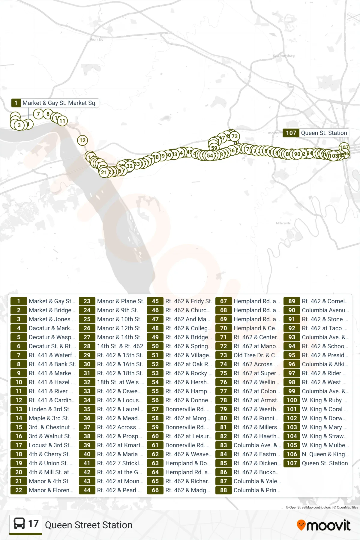 17 bus Line (Queen Street Station) route and stops on a map