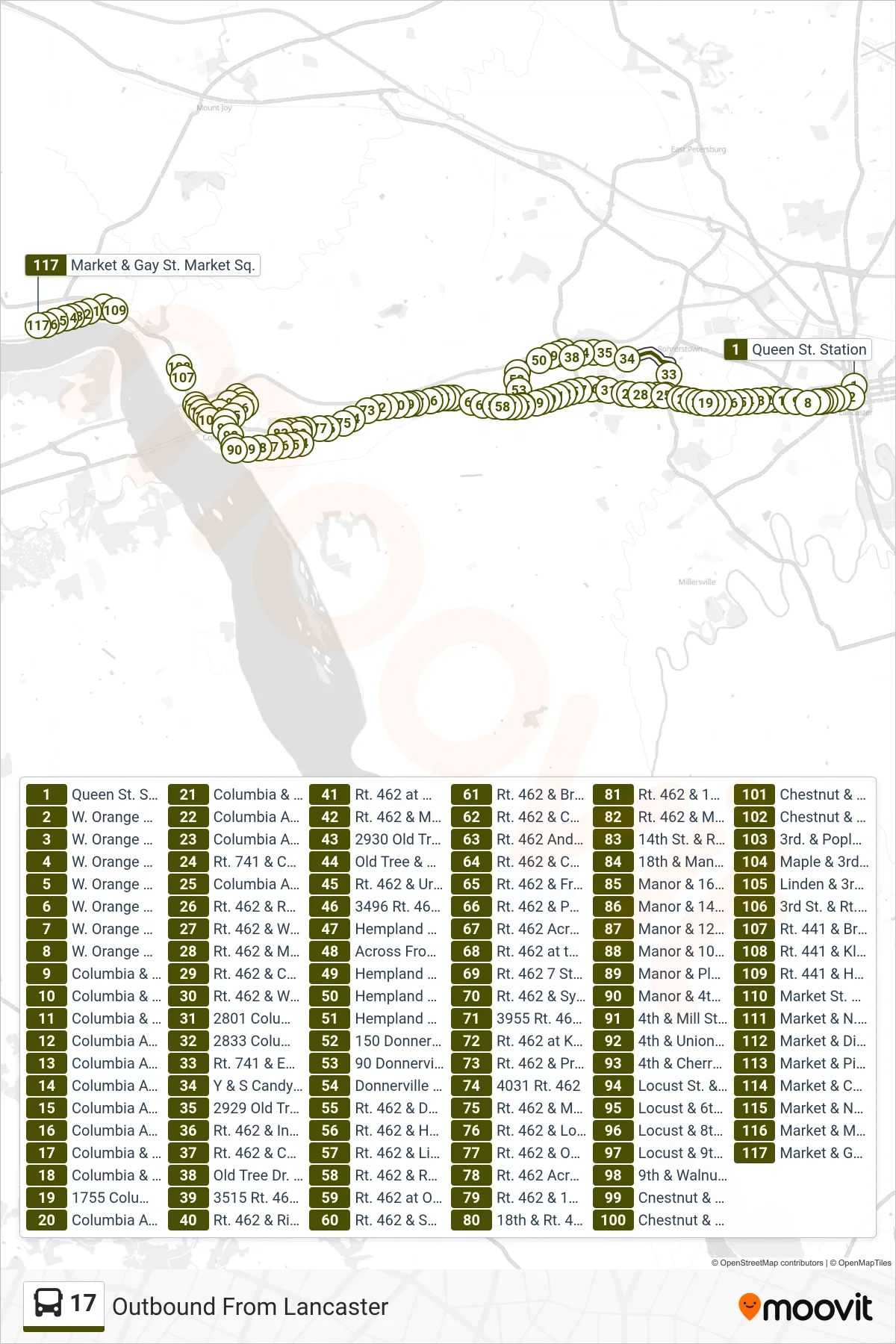 17 bus Line (Outbound From Lancaster) route and stops on a map