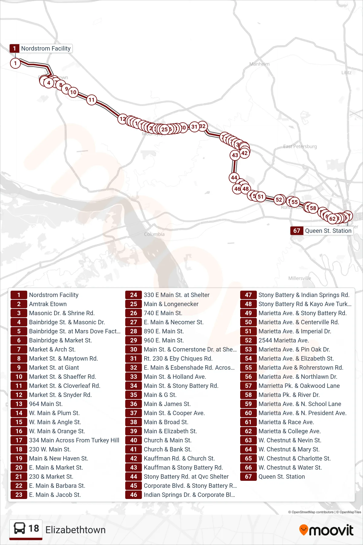18 bus Line (Queen Street Station) route and stops on a map
