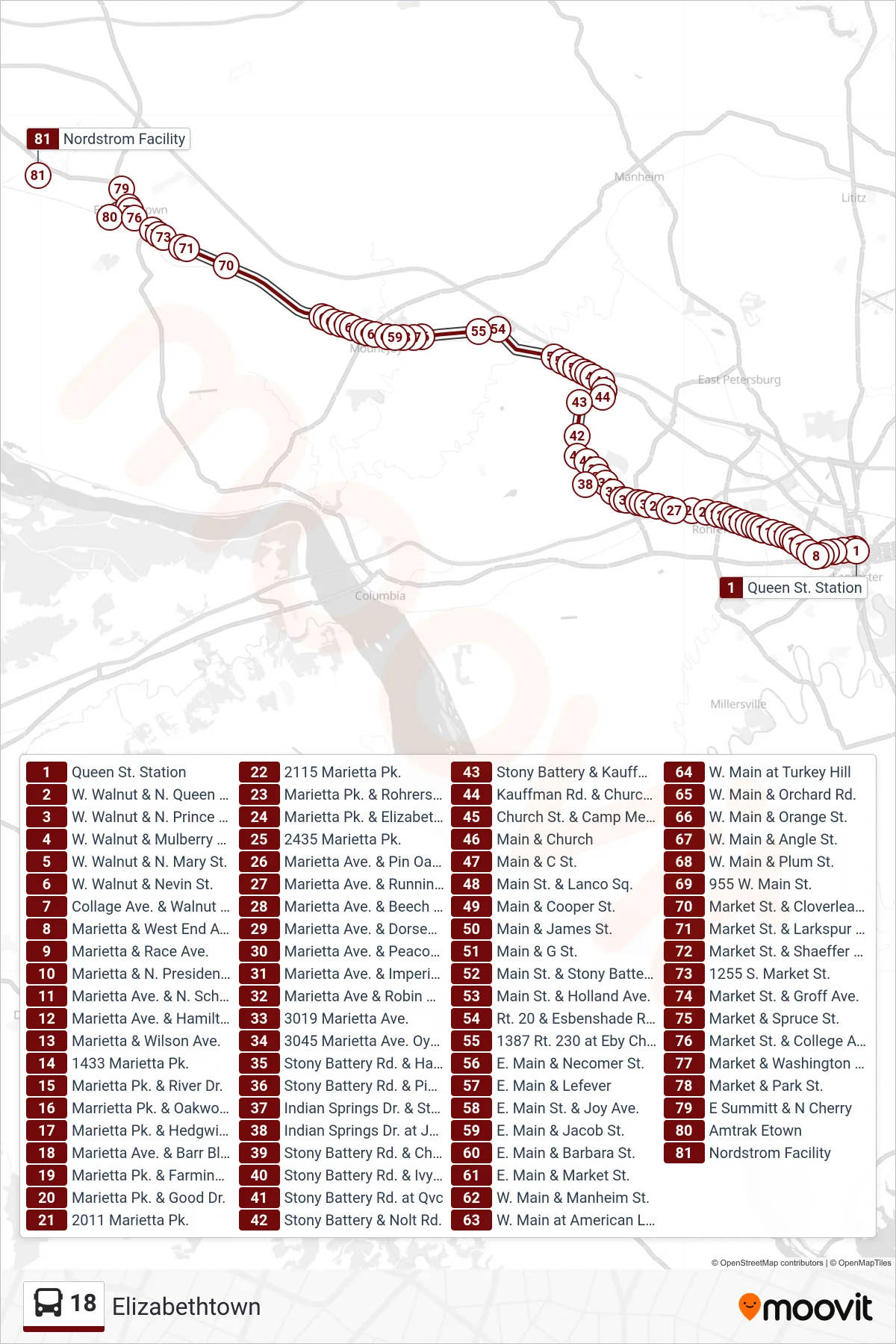 18 bus Line (Elizabethtown Amtrak Station) route and stops on a map