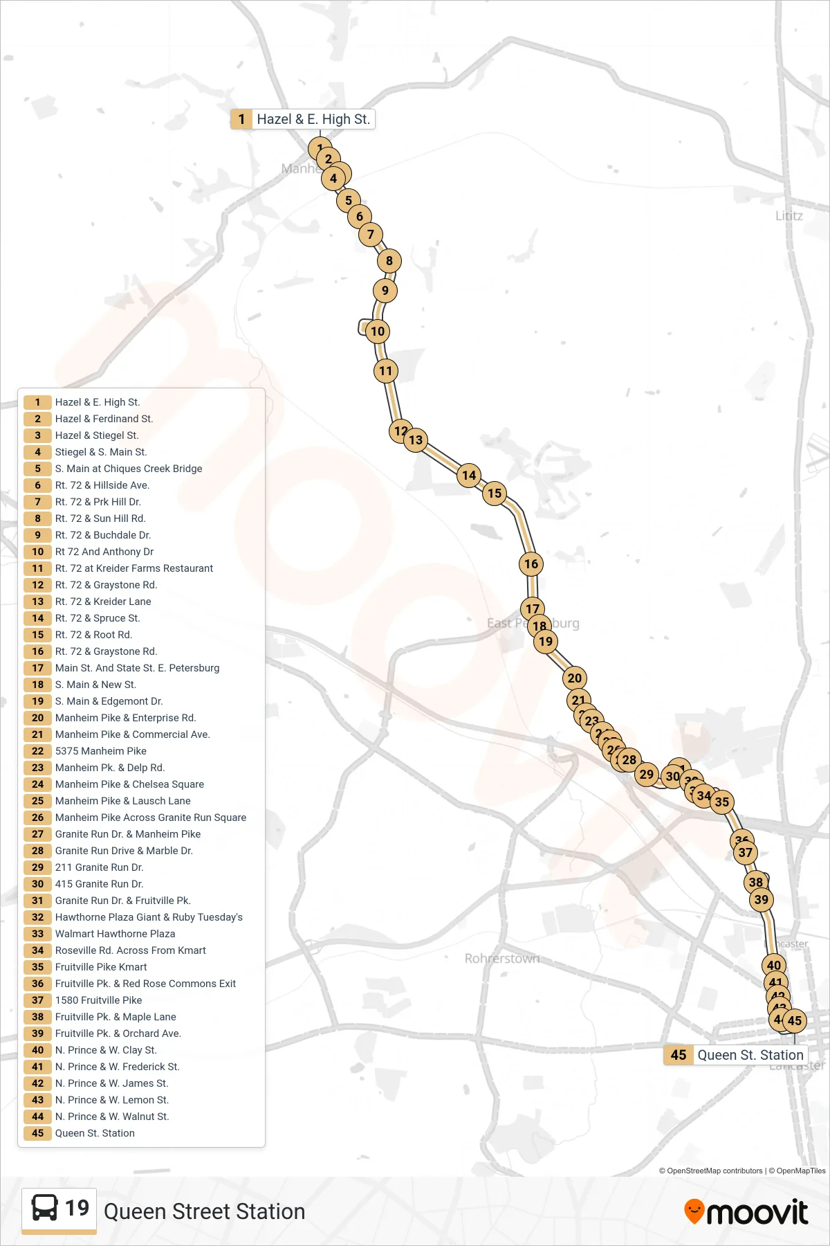 19 bus Line (Queen Street Station) route and stops on a map