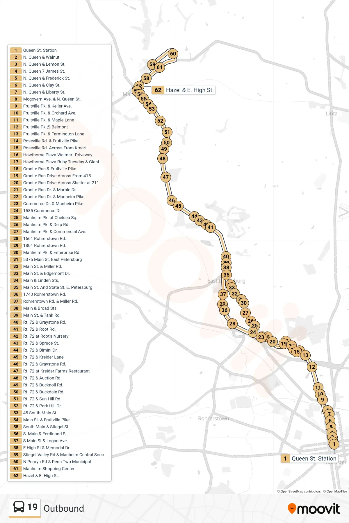 19 bus Line (Outbound) route and stops on a map