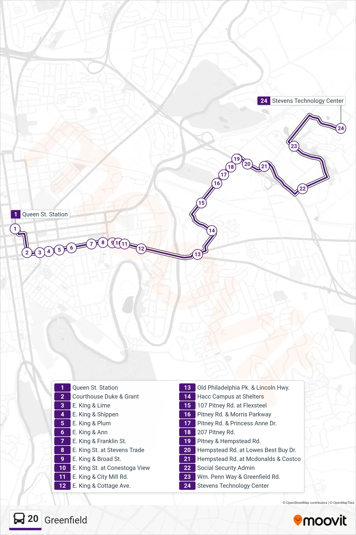 20 bus Line (Outbound From Lancaster) route and stops on a map