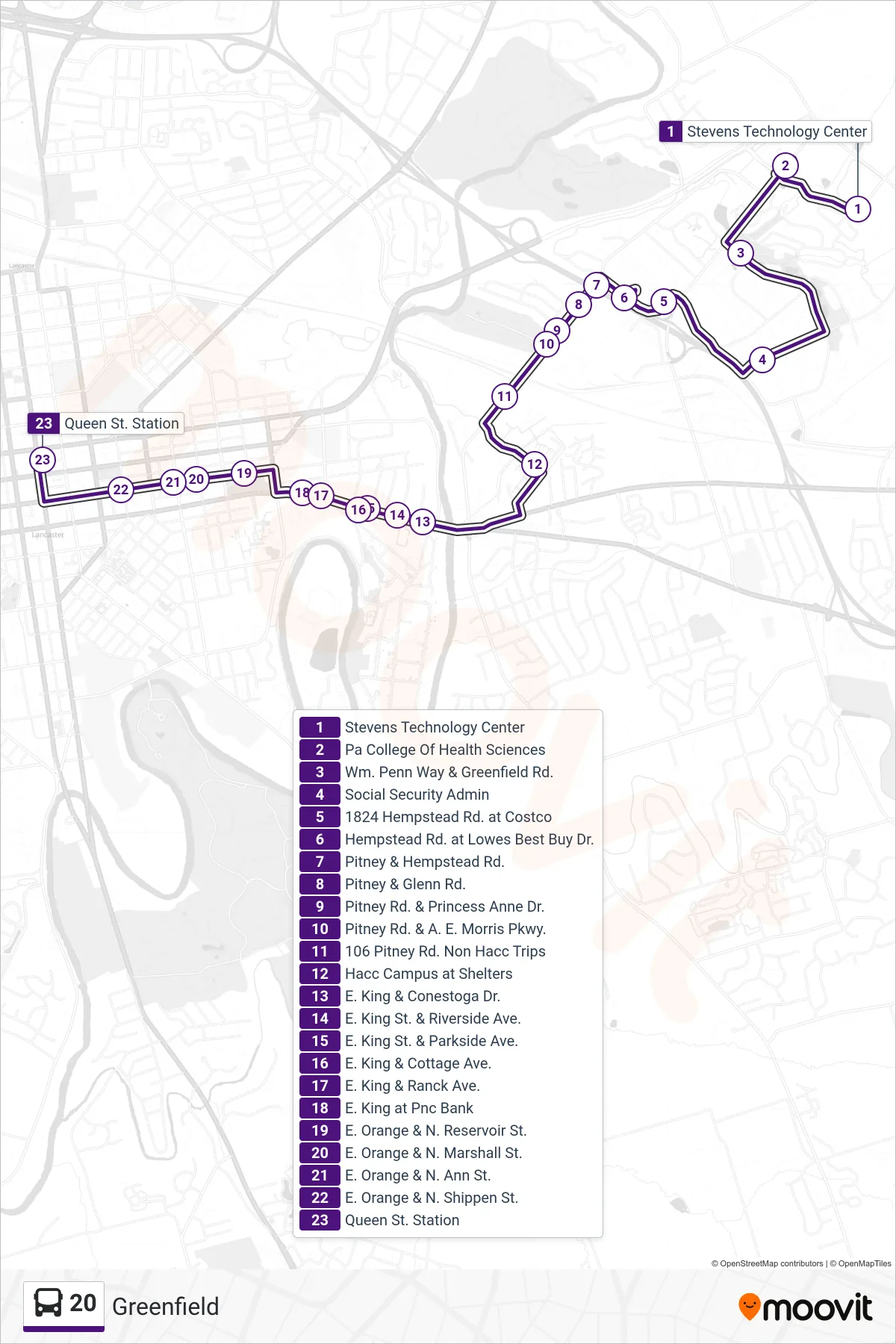 20 bus Line (Queen Street Station) route and stops on a map
